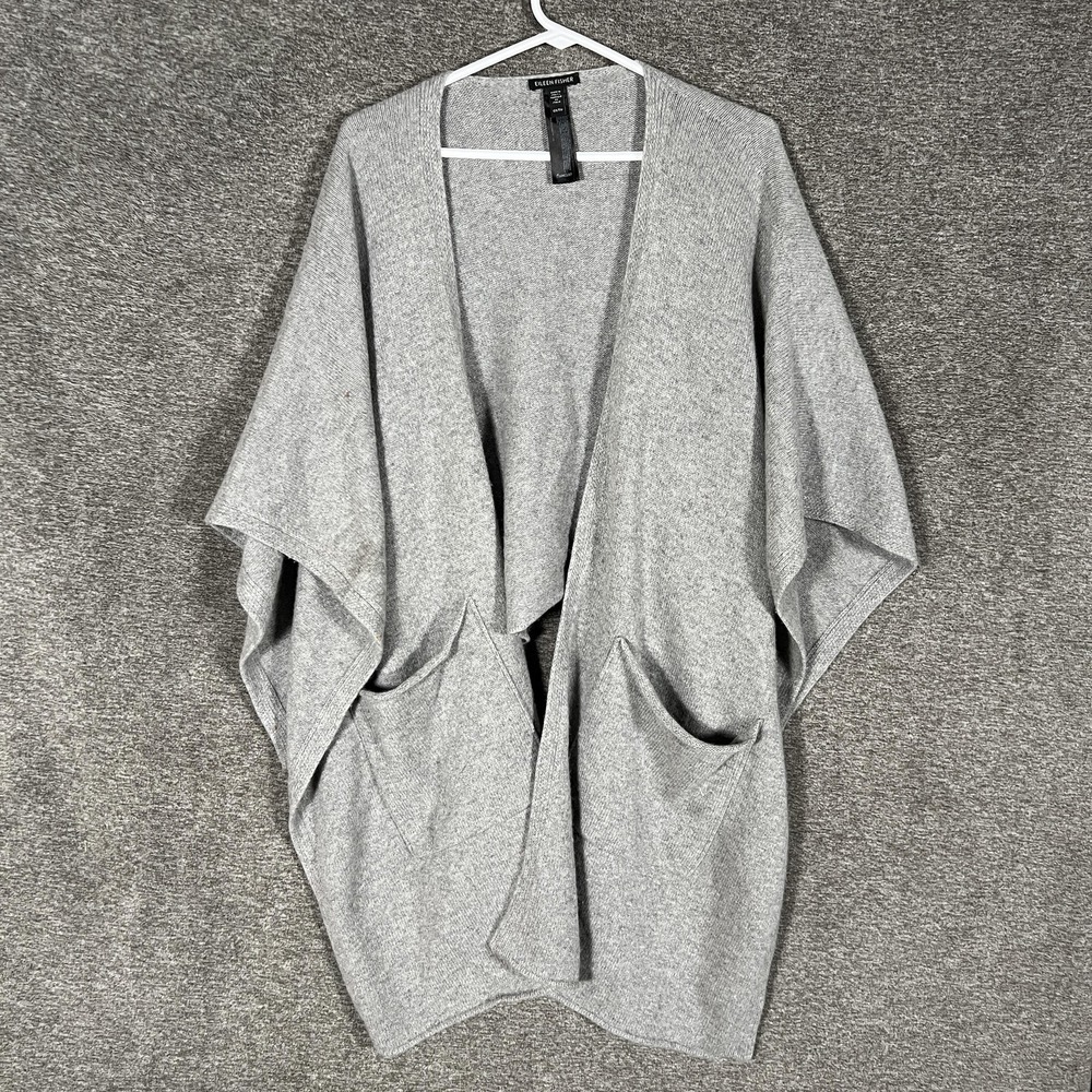 Eileen Fisher Sweater Cape Womens OS/TU Gray Open Front Pockets Italy Knit